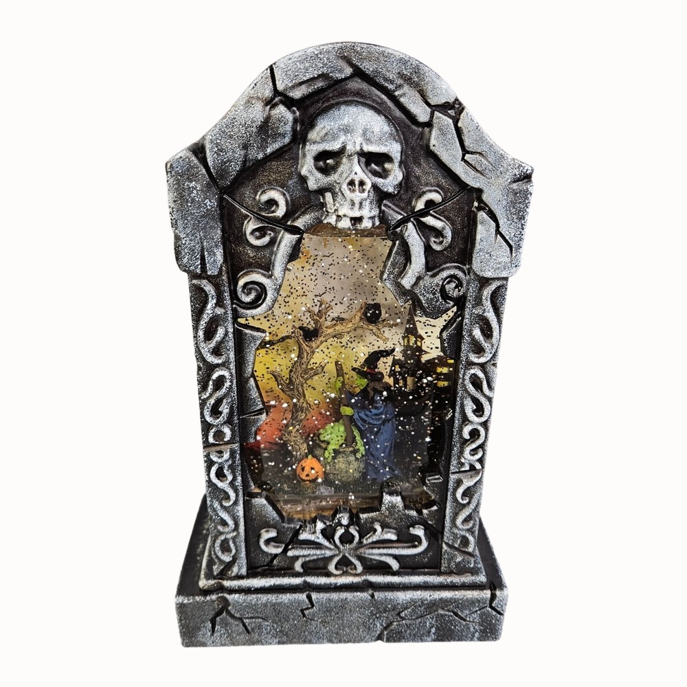 Halloween Light Up Witch Tombstone Glitter Globe with Spooky Sound Effects Video